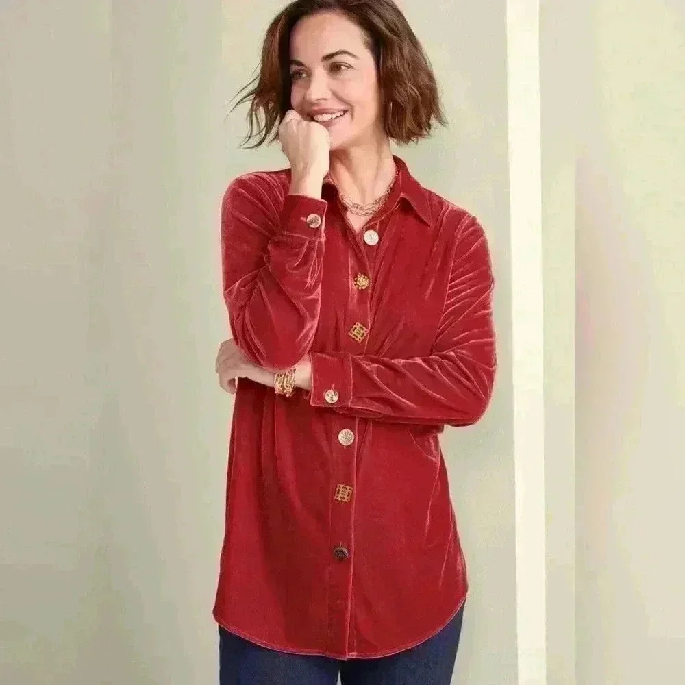 Soft Surroundings Filigree Velvet Boyfriend Long Sleeve Tunic Top Size Small Red